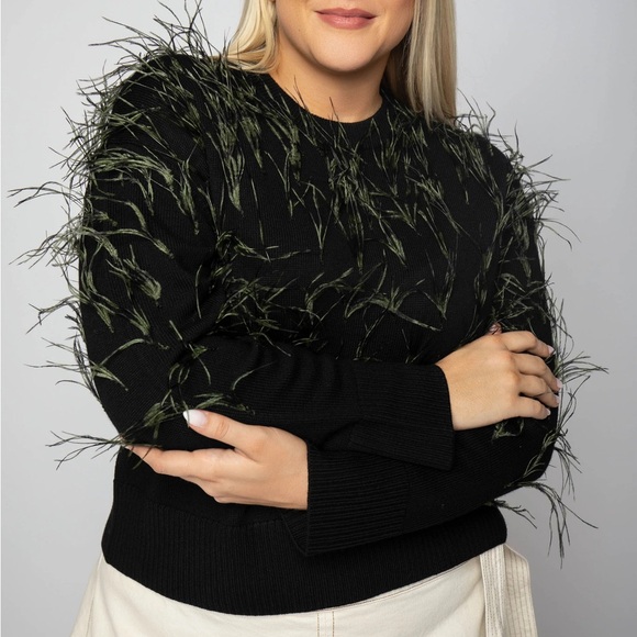 Tanya Taylor Lexia Ostrich Feather Merino Wool Knit Pullover Sweater 1X NWT